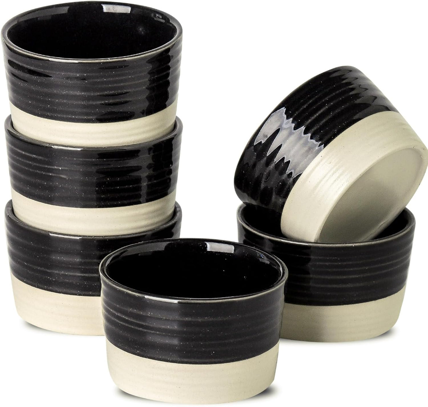 Ramekins 8 OZ Oven Safe,Set of 6 Ceramic Creme Brulee Ramekins,Mini Dessert Bowls for Souffle,Dipping Sauce,Ice Cream,Pudding and Charcuterie,Microwave & Oven Safe,Patchwork Black