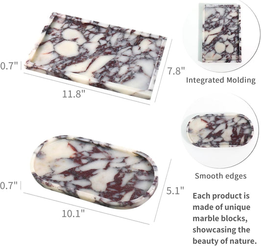 Real Luxurious Natural Marble Vanity Tray Genuine Marble Storage Tray for Home Decor Stone Tray for Bathroom/Kitchen/Vanity/Dresser Non-Resin/Non-Ceramic/Viola Oval Set