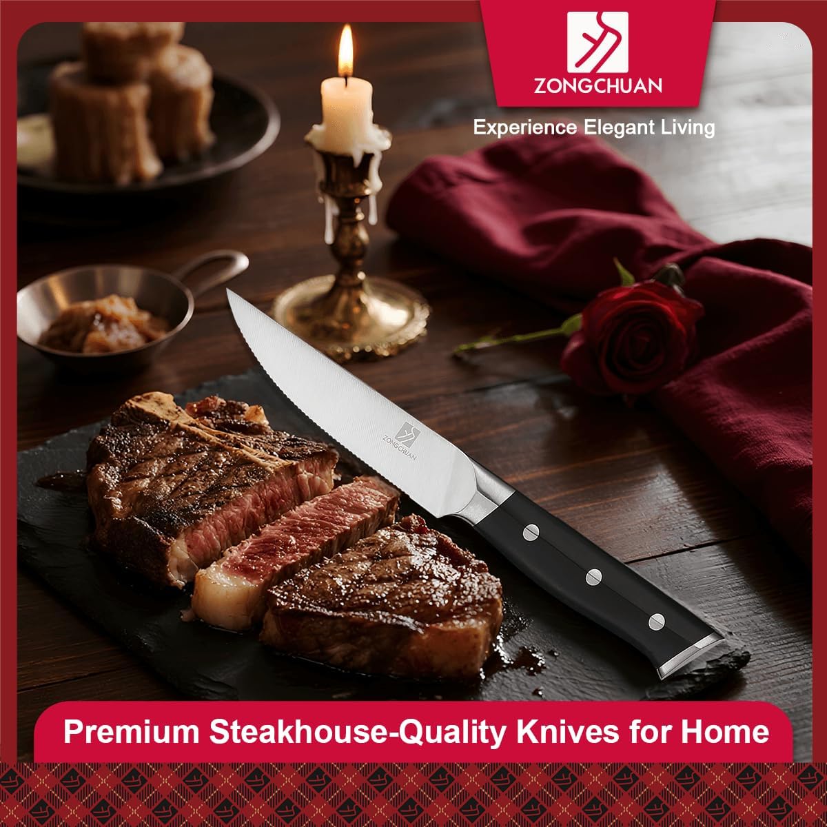 4.5 Inch Steak Knives Set of 8, Micro-Cutting Point Serrated Edge, Very Sharp Steak Knife, Dishwasher Safe, 50CR15MOV Stainless Steel, Handle Ergonomic And Full Tang Design With Gift Box