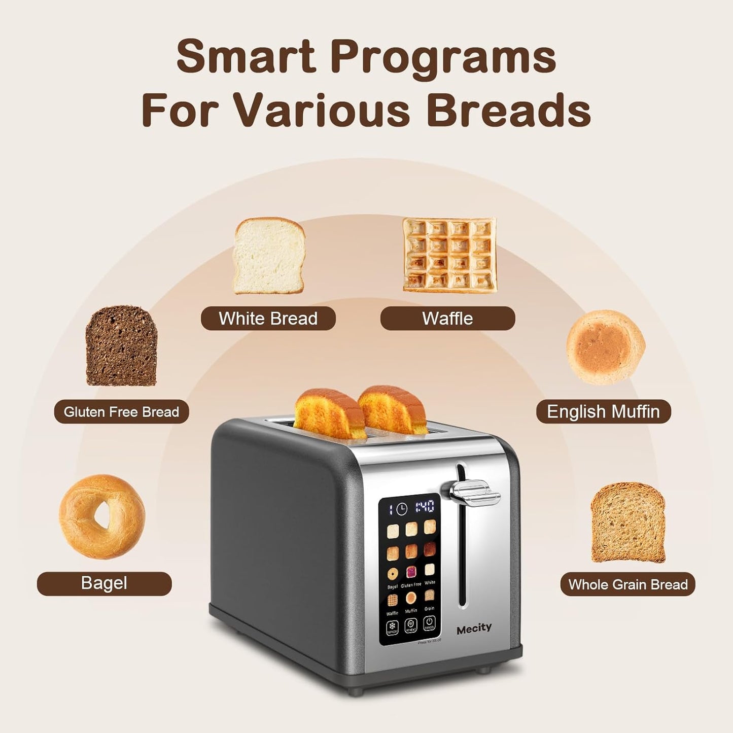 Mecity 2 Slice Touch Screen Toaster, 1.5" Wide Slot, Stainless Steel Smart Toaster for Bagels, Muffins, Waffles, Gluten-Free Breads, Defrost, Reheat, Timer, 120V 825W, Grey Pearl