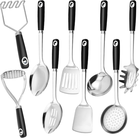 18/0 Stainless Steel Cooking Utensils Set, Heavy Duty Kitchen Utensils for Daily Use Party Wedding Housewarming, Dishwasher Safe, 9 Pieces