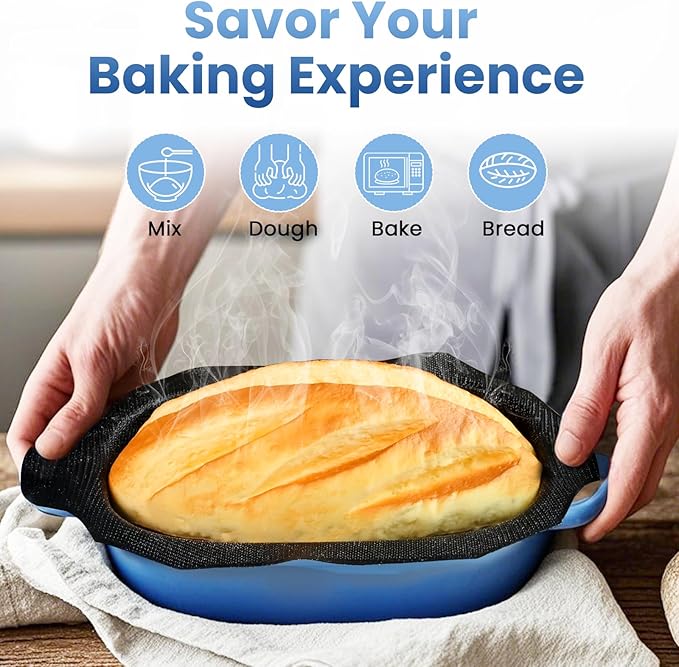 Cast Iron Dutch Bread Oven - 2.5QT Dutch Oven for Sourdough Bread Baking, Cast Iron Bread Loaf Pan with Perforated Non-Stick Silicone Liner, Blue Oval Bread Baking Pan, Gift for Family & Baker