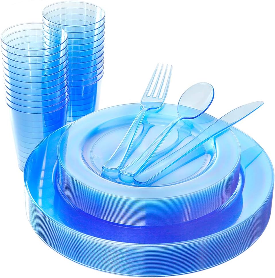 WDF 25 Guest Blue Plates with Disposable Silverware&Blue Cups-Neon Clear Plastic Dinnerware include 25 Dinner &Salad Plates,25Forks, 25 Knives, 25 Spoons,25 Cups for Graduation