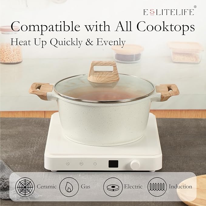 ESLITE LIFE Nonstick Stock Pot with Lid, 5 Quart Granite Casserole Large Soup Pot Pasta Cooking Pot, Induction Compatible, PTFE & PFOA Free, White