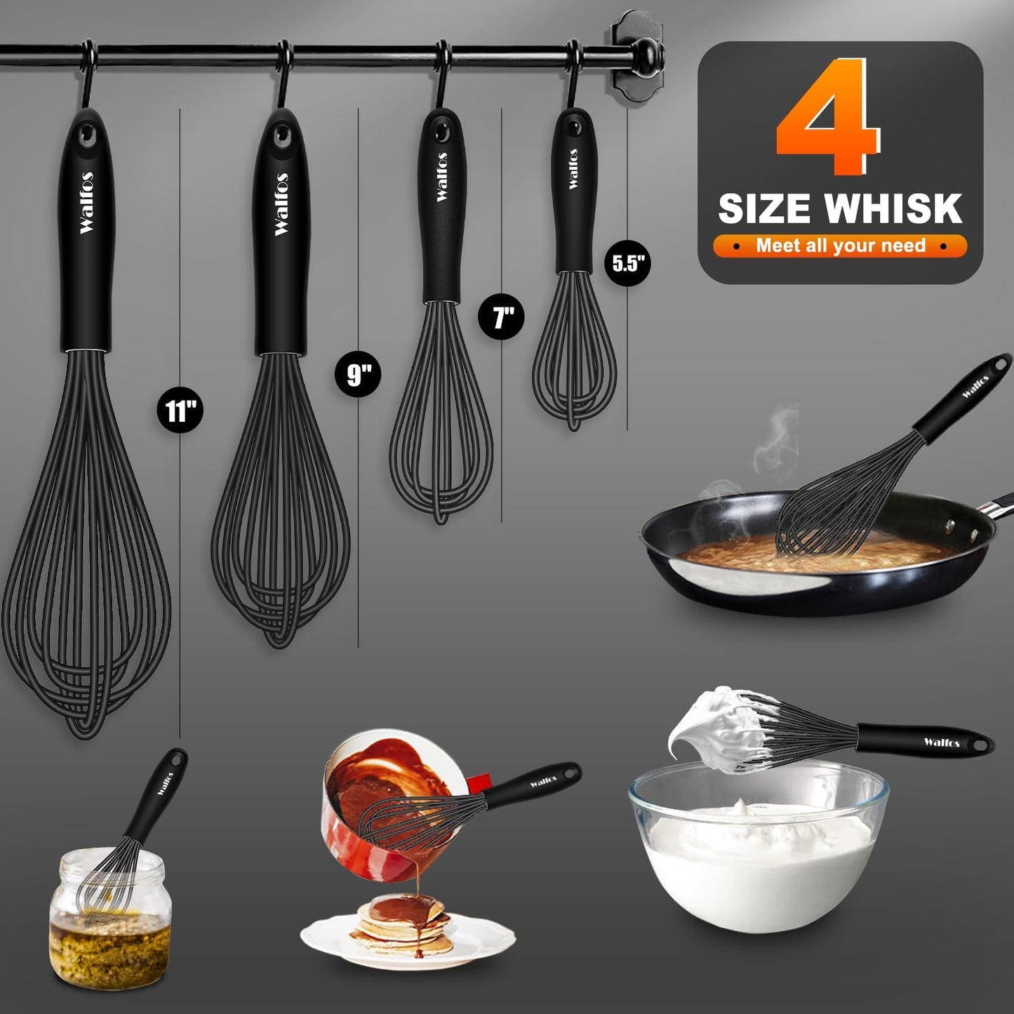 Walfos Whisk,Silicone Whisk Set of 4 Non-Scratch Silicone Coated Whisks for cooking.BPA Free and Dishwasher Safe 5+7+9+11in wisk Nice for Blending Beating Stirring and Mixing (Black）