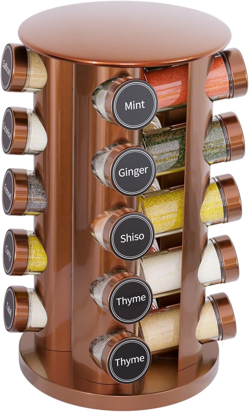 New England Stories Revolving Spice Rack Set with 20 Spice Jars, Kitchen Spice Tower Organizer for Countertop or Cabinet - Carousel Storage Includes 386 Spice Labels (Gold)