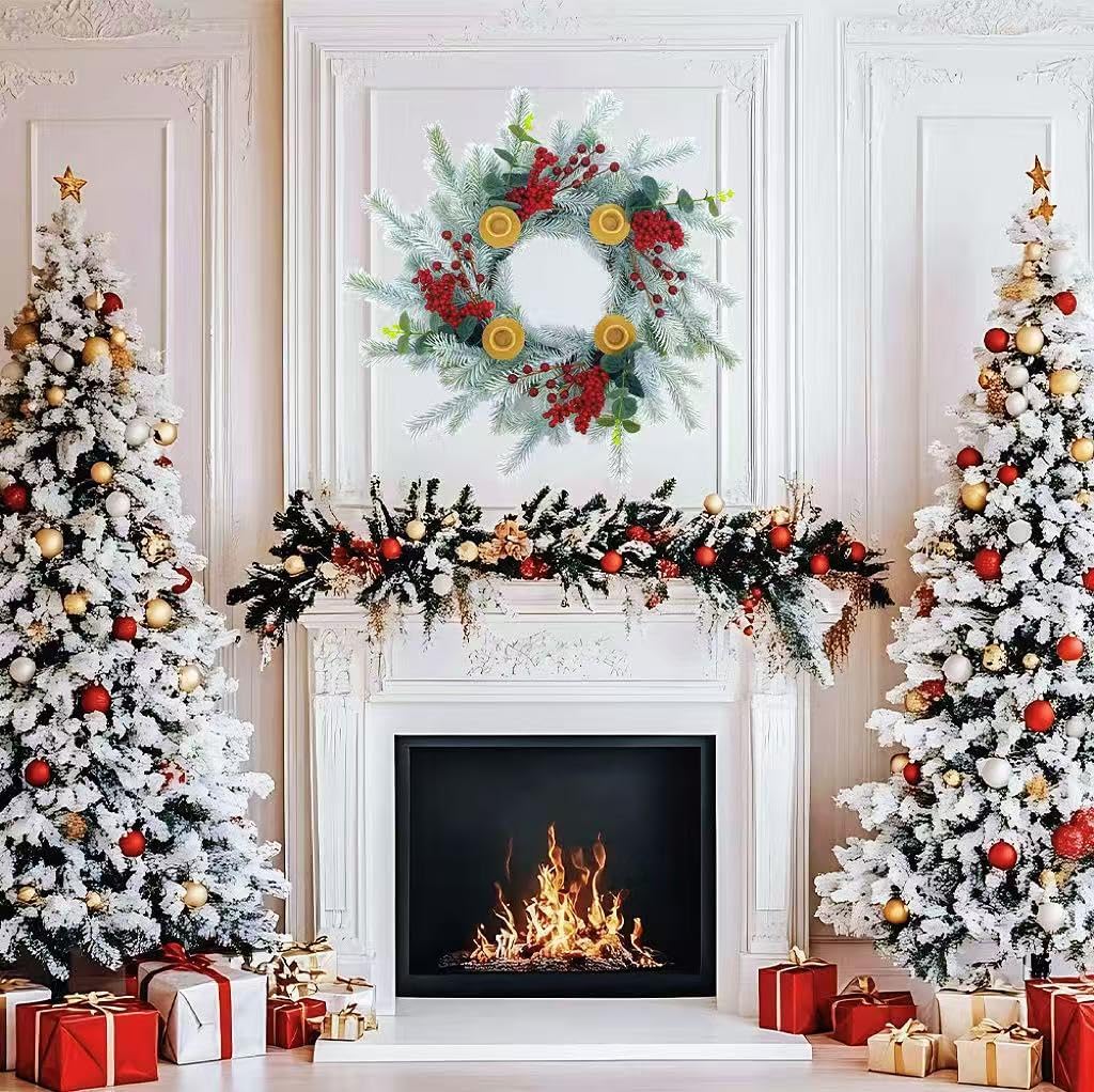 20Inch Christmas Cedar Candle Wreath for Front Door, Artificial Advent Candle Holder with Red Berries Greenery Leaves for Holiday Tabletop Wall Window Porch Candle Decor