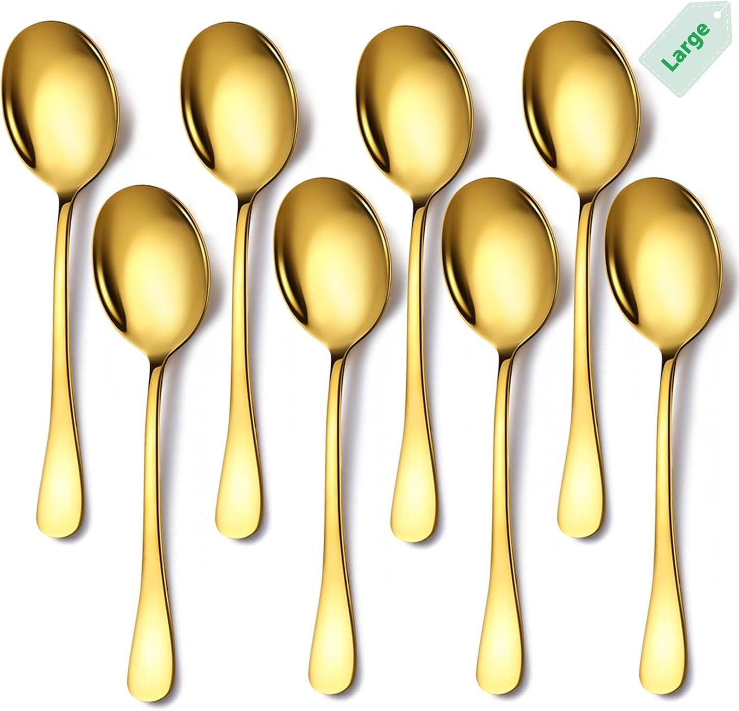 Stainless Steel Serving Spoons Set, 8pc, 10-Inch, Includes 8 Large Spoons, for Parties/Kitchen/Buffet/Catering, Dishwasher Safe, Gold