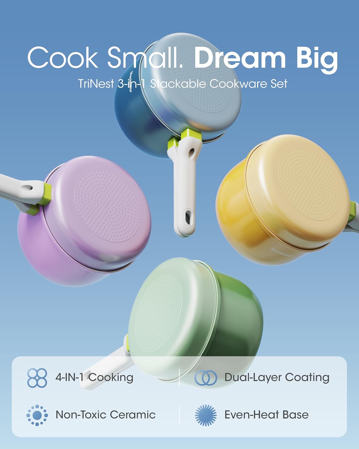 Ceramic Non Stick Cookware Set, 2.5QT Saucepan, 7" Egg Omelette Pan & 18/10 Stainless Steel Steamer, Induction Ready Frying & Sauce Pan Set, PTFE, PFOA & PFAS Free, Mix Blue