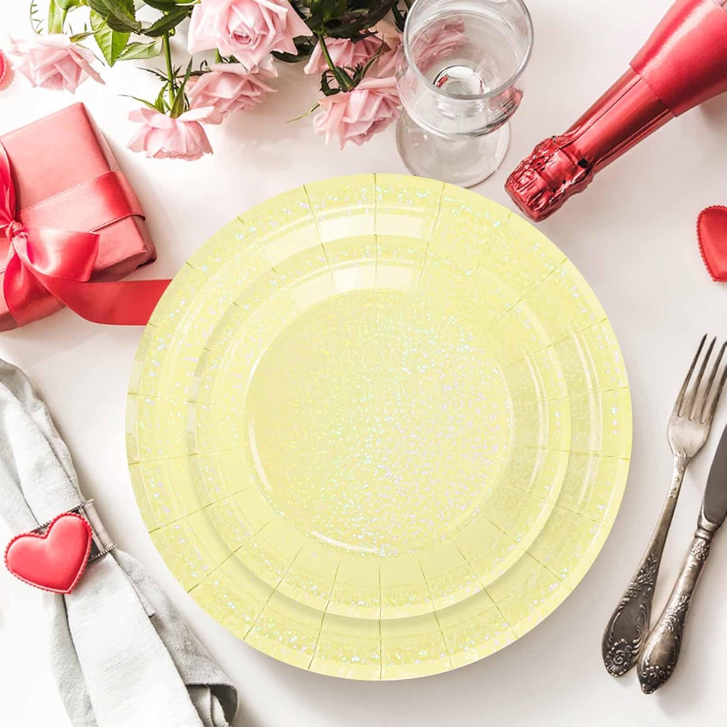 50 Pcs Iridescent Yellow Paper Plates 25 × 7'' and 25 × 9'' Disposable Yellow Shiny Holographic Foil Dinner Plates for Wedding Baby Shower Birthday Thanksgiving Party Glitter Dessert Plate