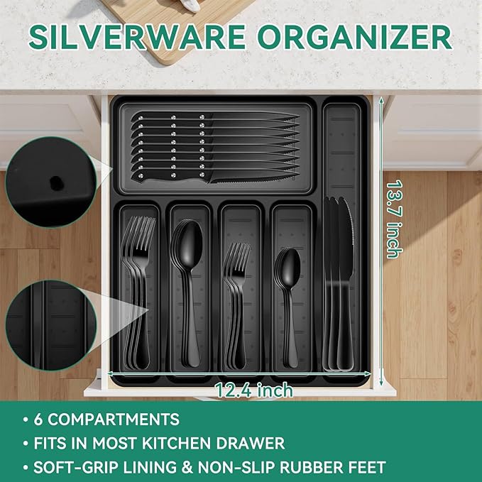 49-Piece Black Silverware Set with Organizer, Stainless Steel Flatware Set for 8 with Drawer Tray, Cutlery Steak Knives Fork Spoon for Home Restaurant, Mirror Finish, Dishwasher Safe