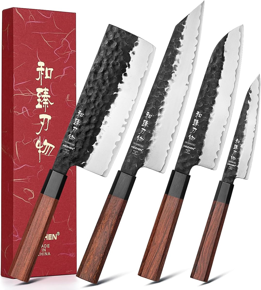HEZHEN Kitchen Knife Set 4PCS, Clad Steel Chef Knife Nakiri Forged Steel Santoku, Wooden Octagonal Handle