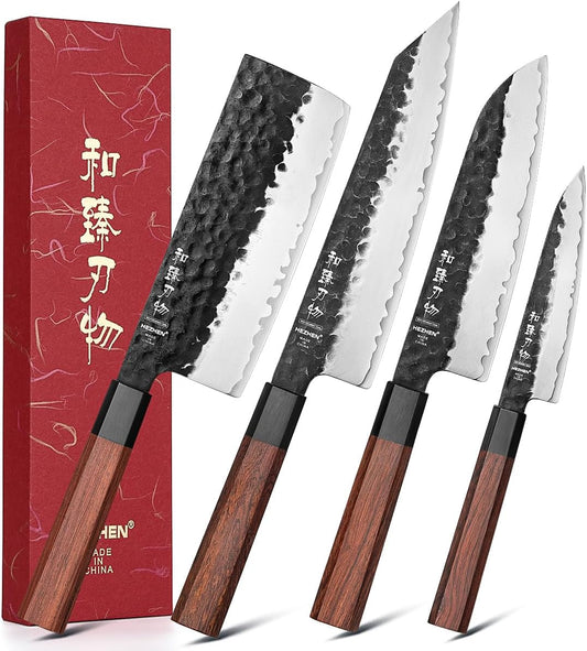 HEZHEN Kitchen Knife Set 4PCS, Clad Steel Chef Knife Nakiri Forged Steel Santoku, Wooden Octagonal Handle