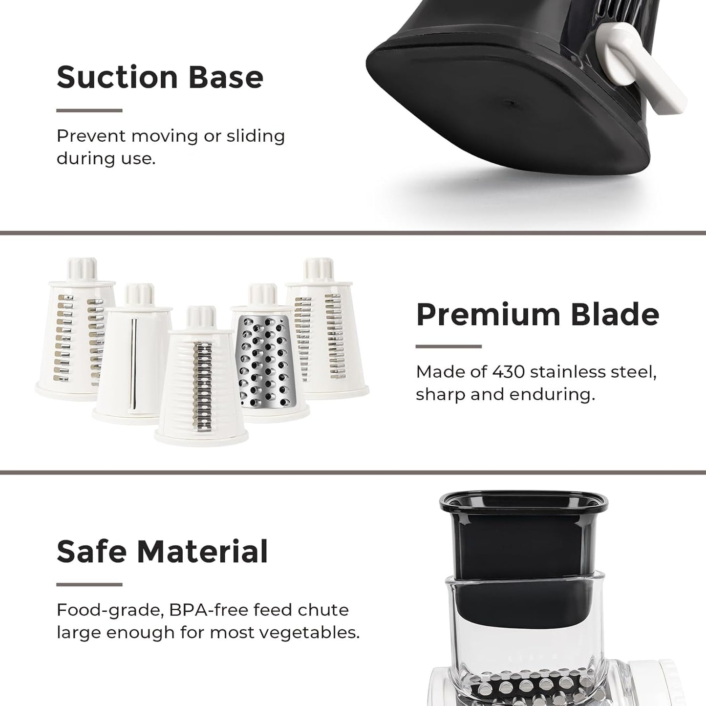 X Home 5-in-1 Rotary Cheese Grater for Kitchen, Upgraded Hand Crank Shredder with Stronger Suction Base & Multifunctional Drum Blades, for Cheese, Vegetables and Nuts, Easy to Use and Clean, Black