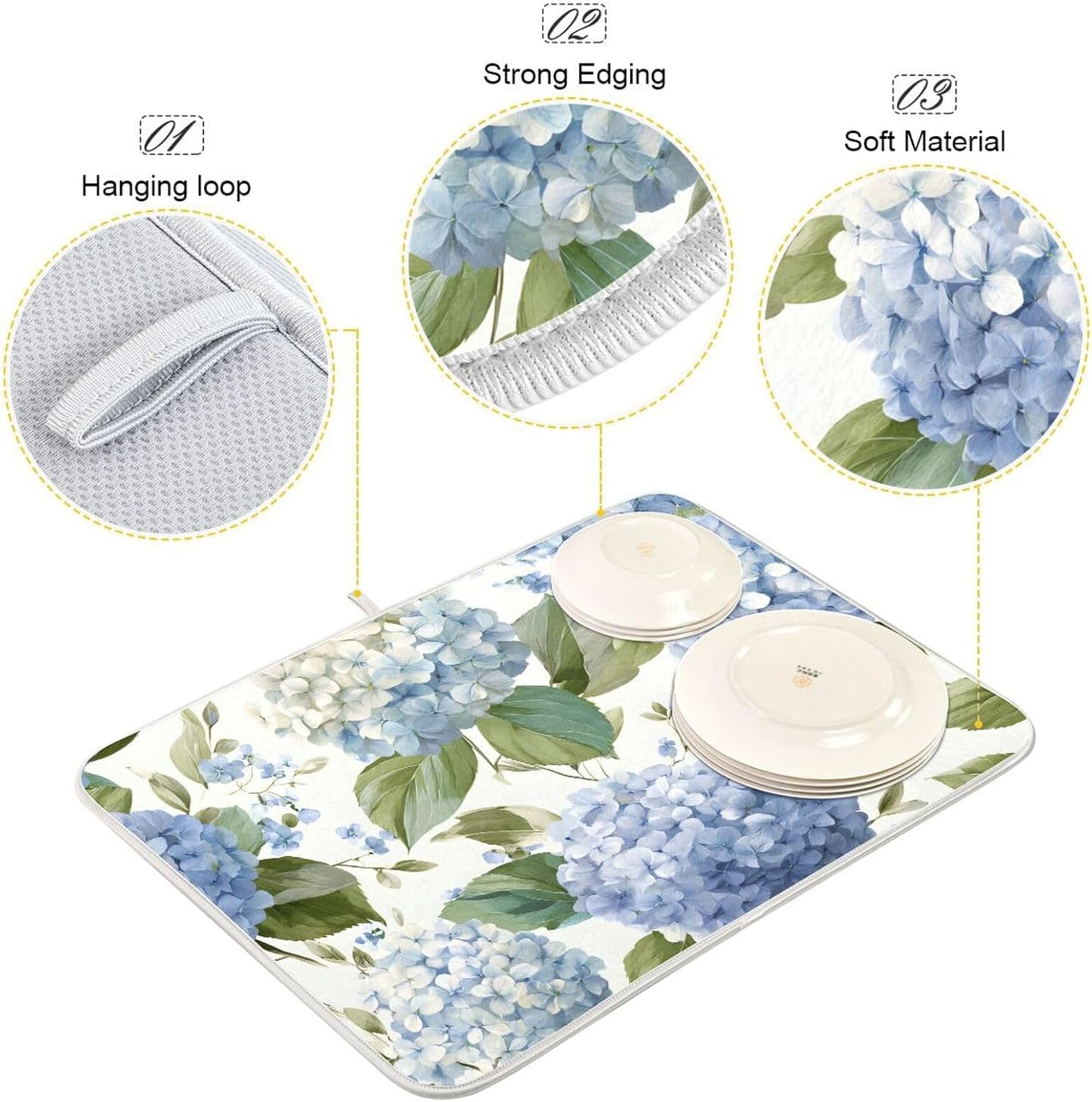 Watercolor Hydrangeas Dish Drying Mat Super Absorbent Drying Mat 18x24 inch Large Dish Drying Mats for Kitchen Counter Dish Drying Pads Kitchen Drying Matt for Countertop