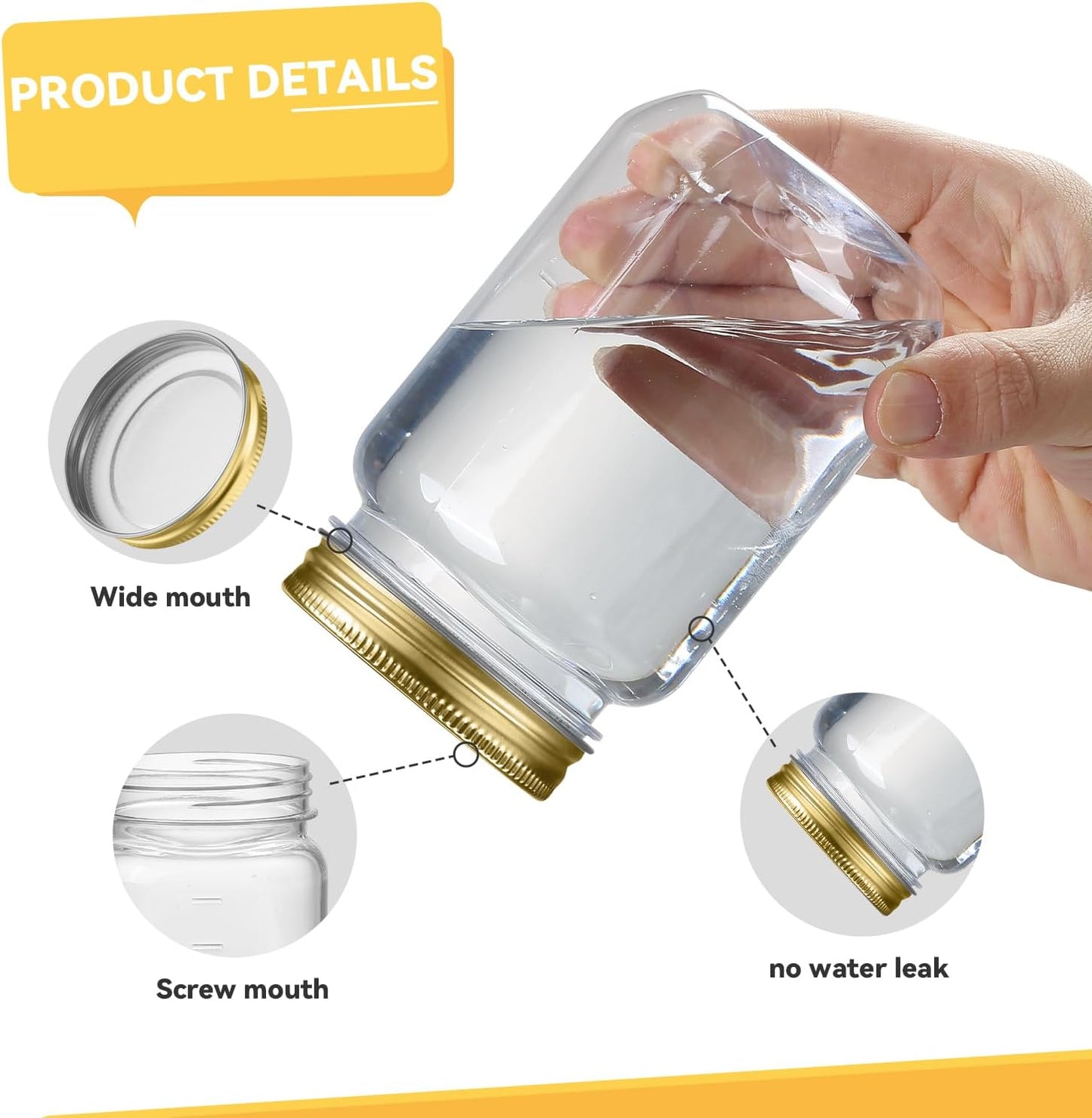 novelinks 16 oz Clear Plastic Jars with Screw-On Lids - BPA-Free Refillable Storage Containers for Slime, Food, Crafts, Kitchen & Household Use (20 Pack,Gold)