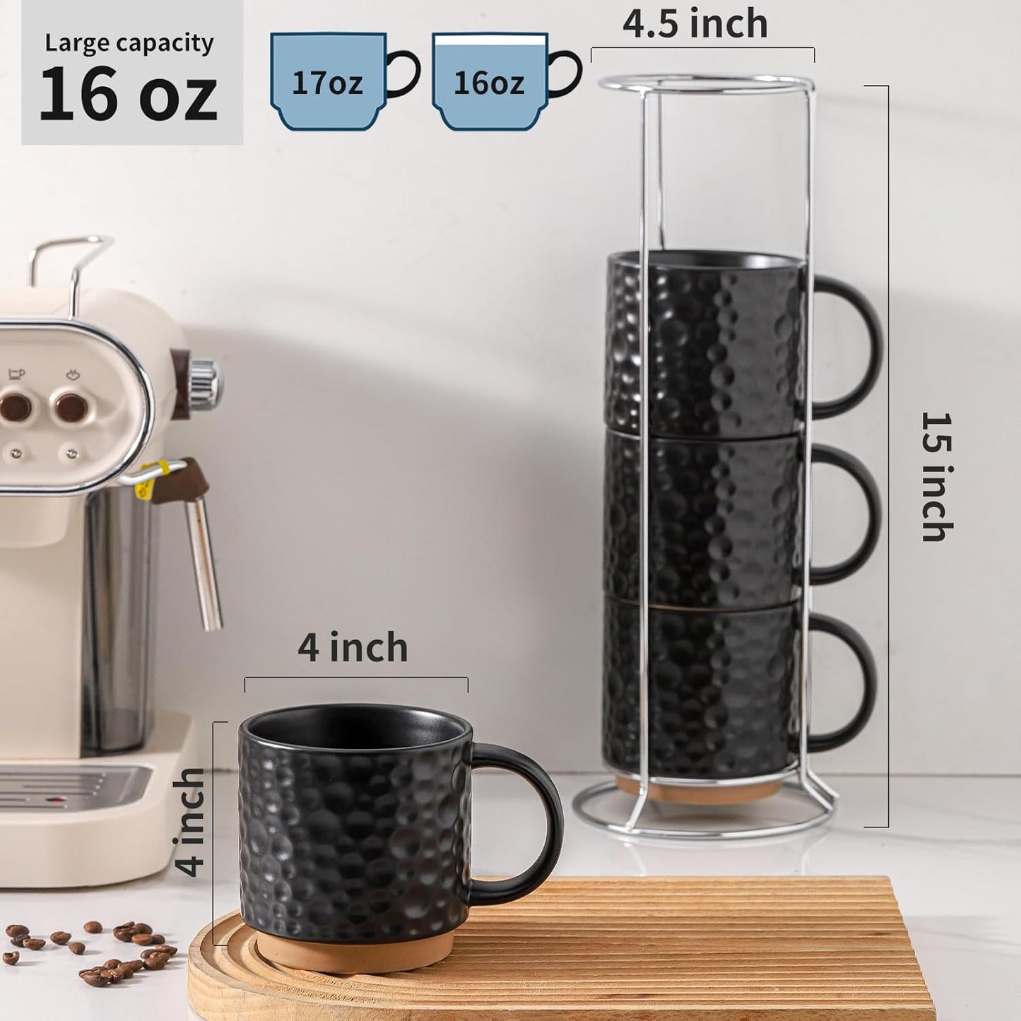 Nihow Ceramic Coffee Mug Set of 4, 16OZ Stackable Coffee Mug Set with Stainless Stand,Large Cup Set for Cappuccino,Tea,Hot/Cold Drinks,Dishwasher & Microwave Safe,Matte Black