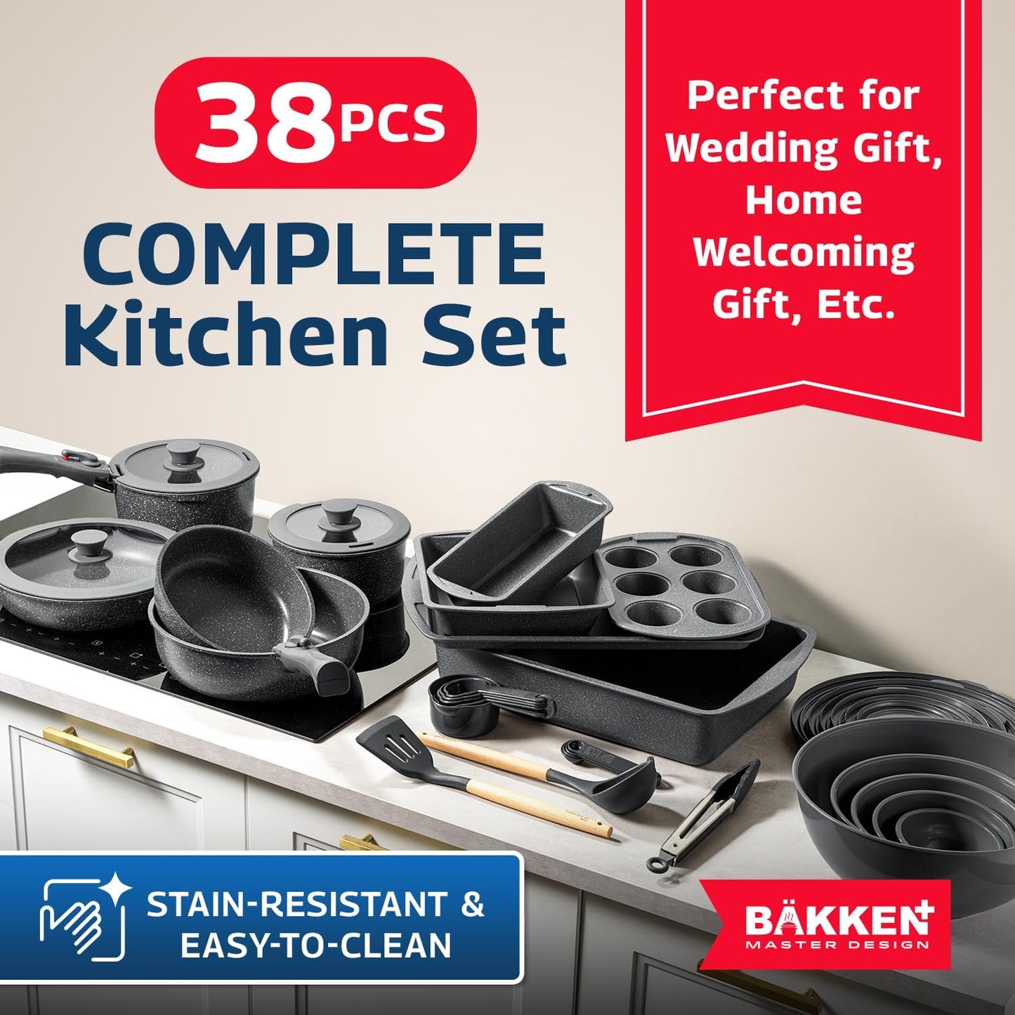 Bakken Master 38 Piece Granite Cookware & Bakeware Set – Nonstick Granite Coating, Pots and Pans with Detachable Handle and Tempered Glass Lids, 6-piece Bakeware set, 12-piece Mixing Bowls,Gray Marble