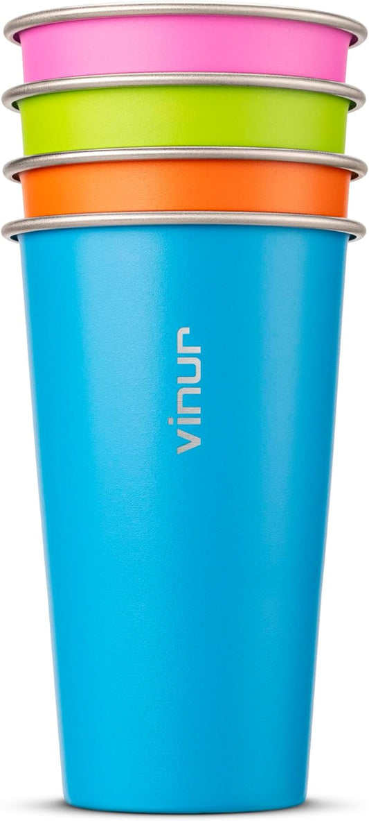 VINUR 20 oz Stainless Steel Cups 4 Pack Pint Tumbler Stackable Metal Drinking Glasses for Travel, Camping, Outdoors (Sky Blue-Orange-Hot Pink-Apple Green)