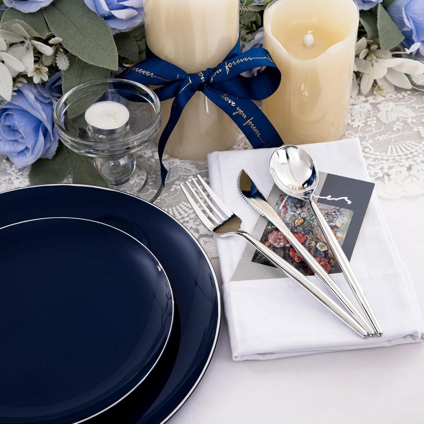I00000 150Pcs Blue Plastic Plates,Heavy Duty Navy Blue Disposable Plates with Disposable Silverware include 30Pcs10.25' Dinner Plates,30Pcs 10.25' Dessert Plates, 90 Silver Silverware Set for Party