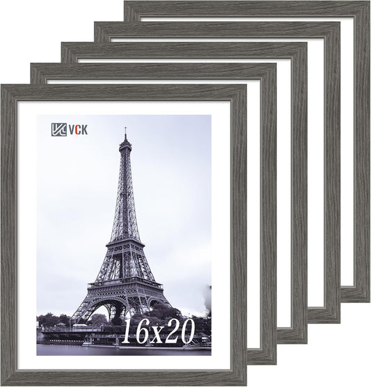 VCK 16x20 Picture Frames for Wall - 5 pack, Grey Natural Solid Wood Frame, Exclusive Wood Grain