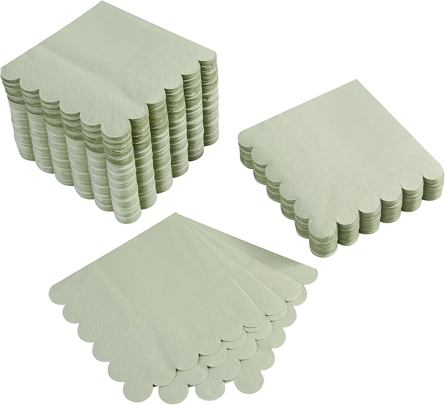 100 Pack Cocktail Napkin 2-Ply Scalloped Edged Dessert Napkins Folded 5 x 5 Inches Disposable Napkins for Dinner Wedding Birthday Party Bridal Anniversary Reception Event (Sage Green)