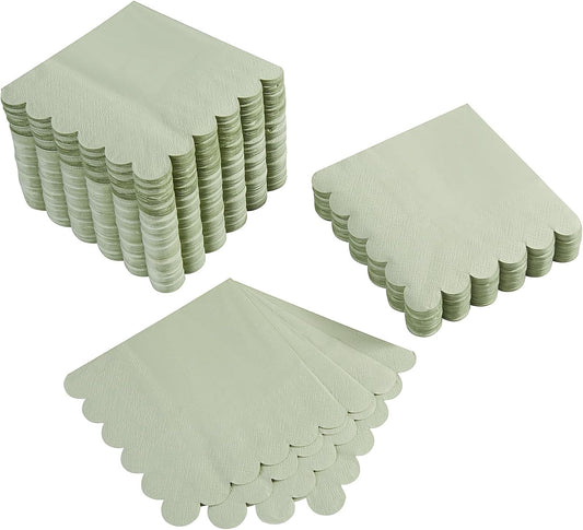 100 Pack Cocktail Napkin 2-Ply Scalloped Edged Dessert Napkins Folded 5 x 5 Inches Disposable Napkins for Dinner Wedding Birthday Party Bridal Anniversary Reception Event (Sage Green)