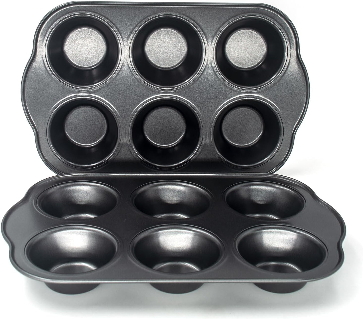 Non-Stick Standard Muffin Pans, 2.95" 6-Cup Set of 2 Baking Pans, Heavy Duty Carbon Steel Tins for Standard Muffins & Cupcakes