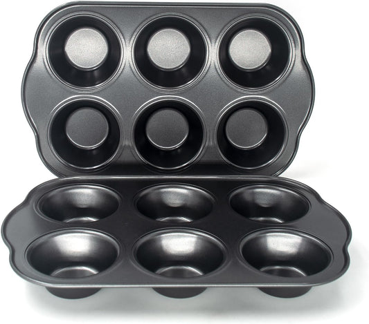 Non-Stick Standard Muffin Pans, 2.95" 6-Cup Set of 2 Baking Pans, Heavy Duty Carbon Steel Tins for Standard Muffins & Cupcakes