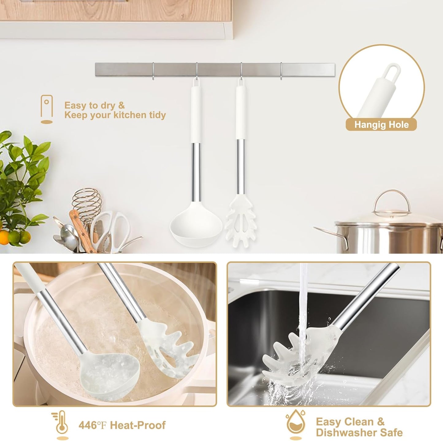 TeamFar Silicone Soup Ladle and Pasta Fork Set, 2 Pcs Large Nonstick Kitchen Cooking Utensils with Stainless Steel Handle for Draining, Serving Soup, Sauce, Spaghetti, Non-Toxic & Heat-Proof, White