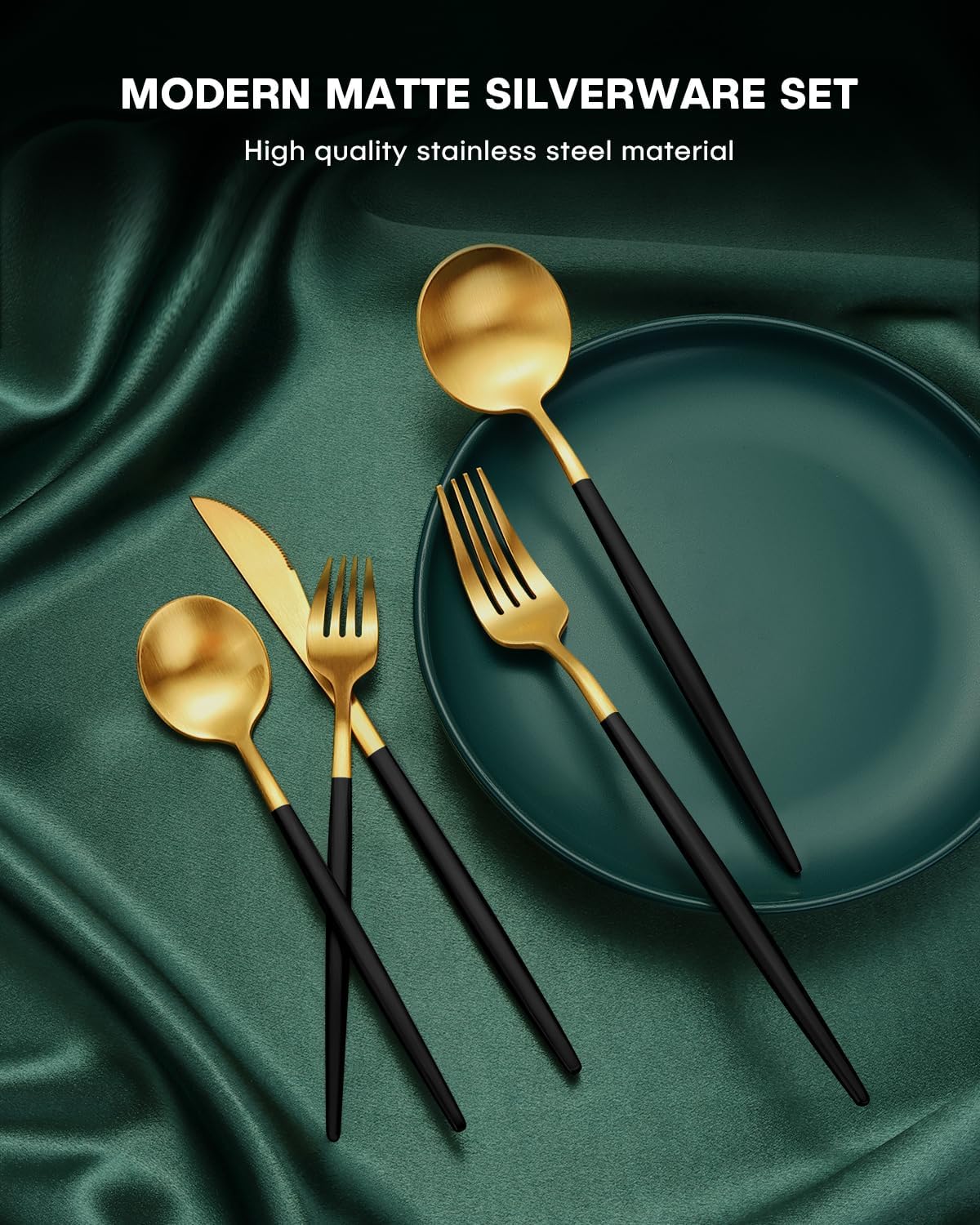 EUIRIO 20-Piece Matte Black Gold Silverware Set, Modern Flatware Set for 4, Premium Stainless Steel Cutlery Set with Forks Spoons and Knives, Heavy Duty Utensil Sets, Dishwasher Safe