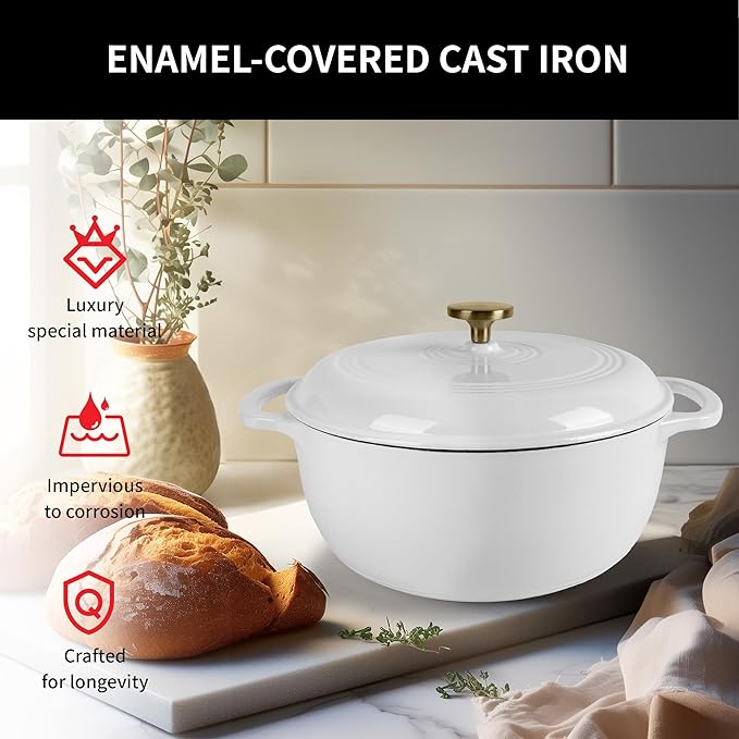 Premium Enameled Cast Iron Dutch Oven for Bread Baking | Non-Stick 2QT Oval Bread Oven with Lid | Perfect for Sourdough, Loaf, and Artisan Baking (Round White, 5.5 QT)