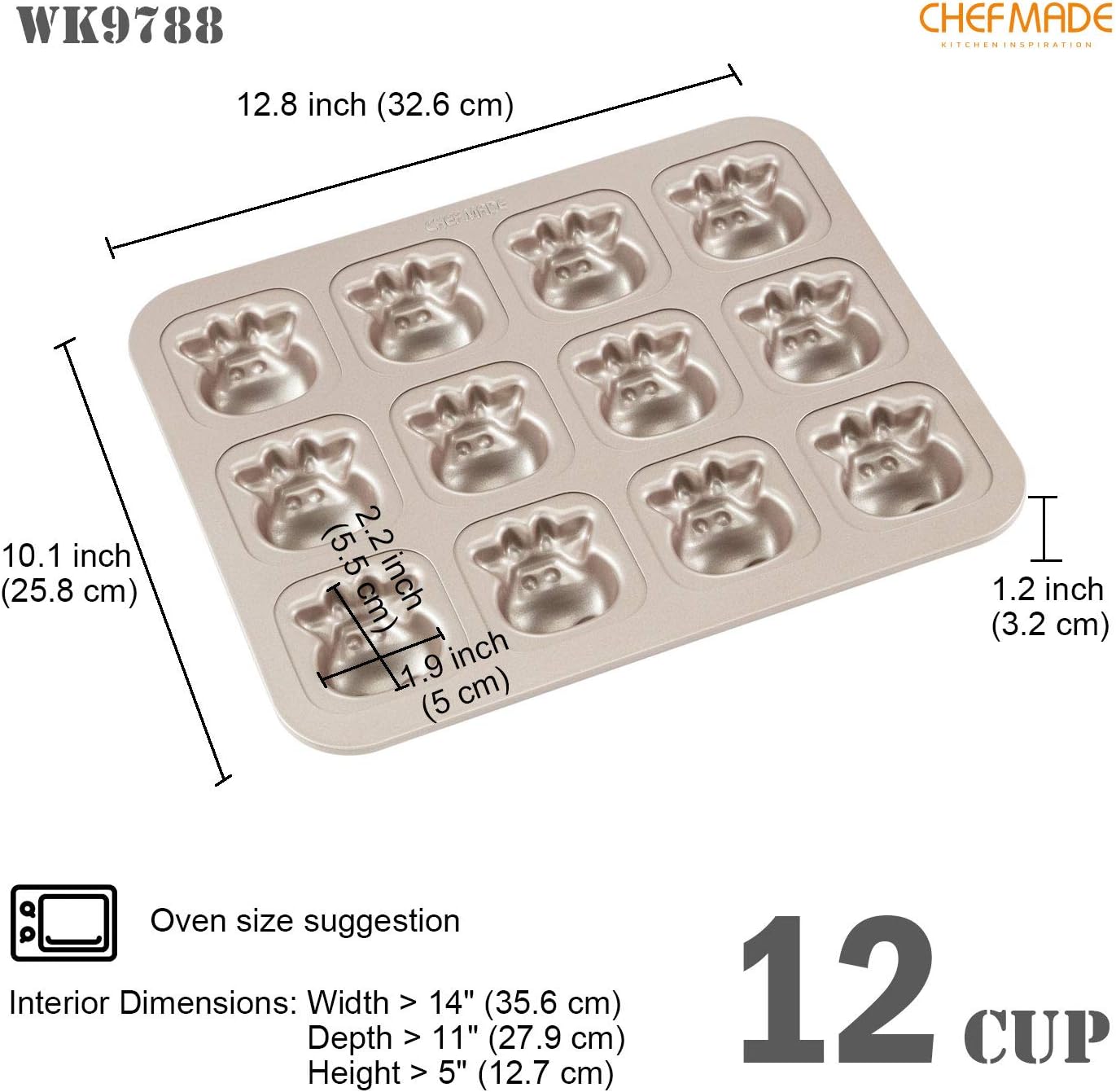 CHEFMADE Cows Cake Pan, 12-Cavity Non-Stick Animal Muffin Bakeware for Oven Baking (Champagne Gold)