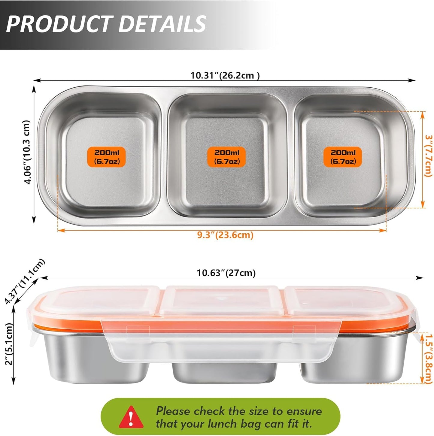 3 Pack Stainless Steel Snack Containers with Lids, Leakproof Lunch Box Containers, Reusable 3 Compartment Snackle Box, Grab and Go lunchable container for Travel