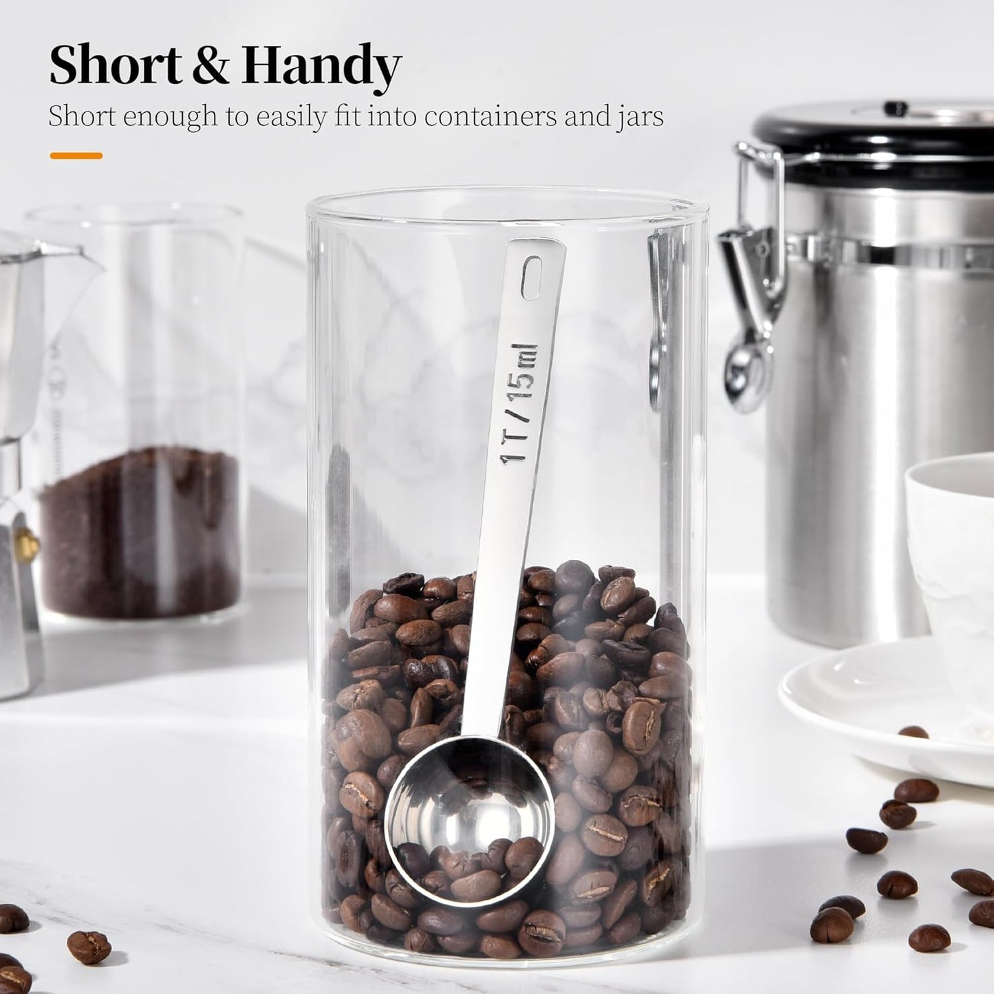 Long Handle Coffee Scoop: 18/8 Stainless Steel 5.64 Inch 1 Tablespoon Metal Measuring Spoon Tbsp Scoop for Coffee Beans, Grounds Coffee, Coffee Powder, Tea, Tall Jars (1Tbsp/15ml)