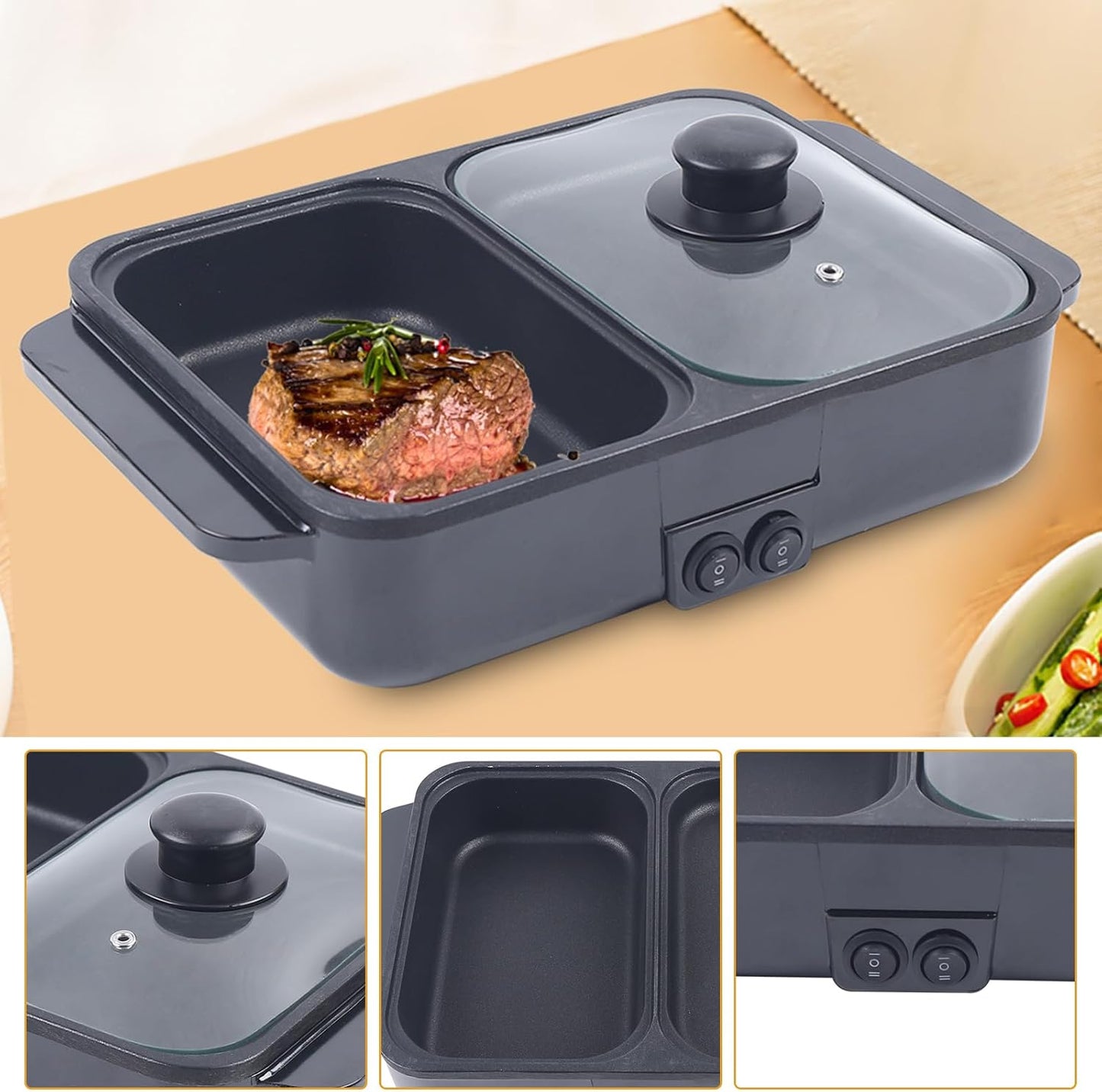 Hot Pot with Grill, Electric Hot Pot and Frying Pan, Shabu Shabu Pot with Grill, 2 in 1 Indoor NonStick Shabu Shabu Pot and Griddle, Dual Temperature Control, Fast Heating for BBQ Steak Noodles(Black)