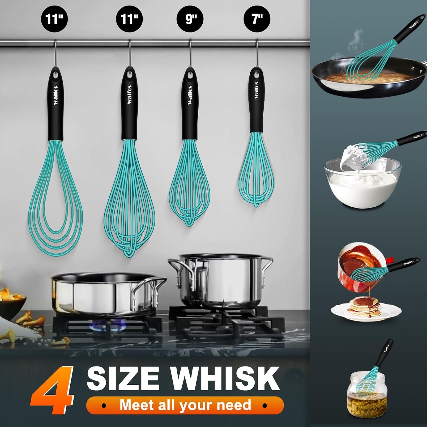 Walfos Silicone whisk,Whisks for Cooking Non Scratch, BPA Free whisk set of 4, 7+9+11in Balloon Whisks & 11in Flat Whisk, Heat Resistant(480°F).Great for Cooking in Pans, Baking, Whisking.Blue