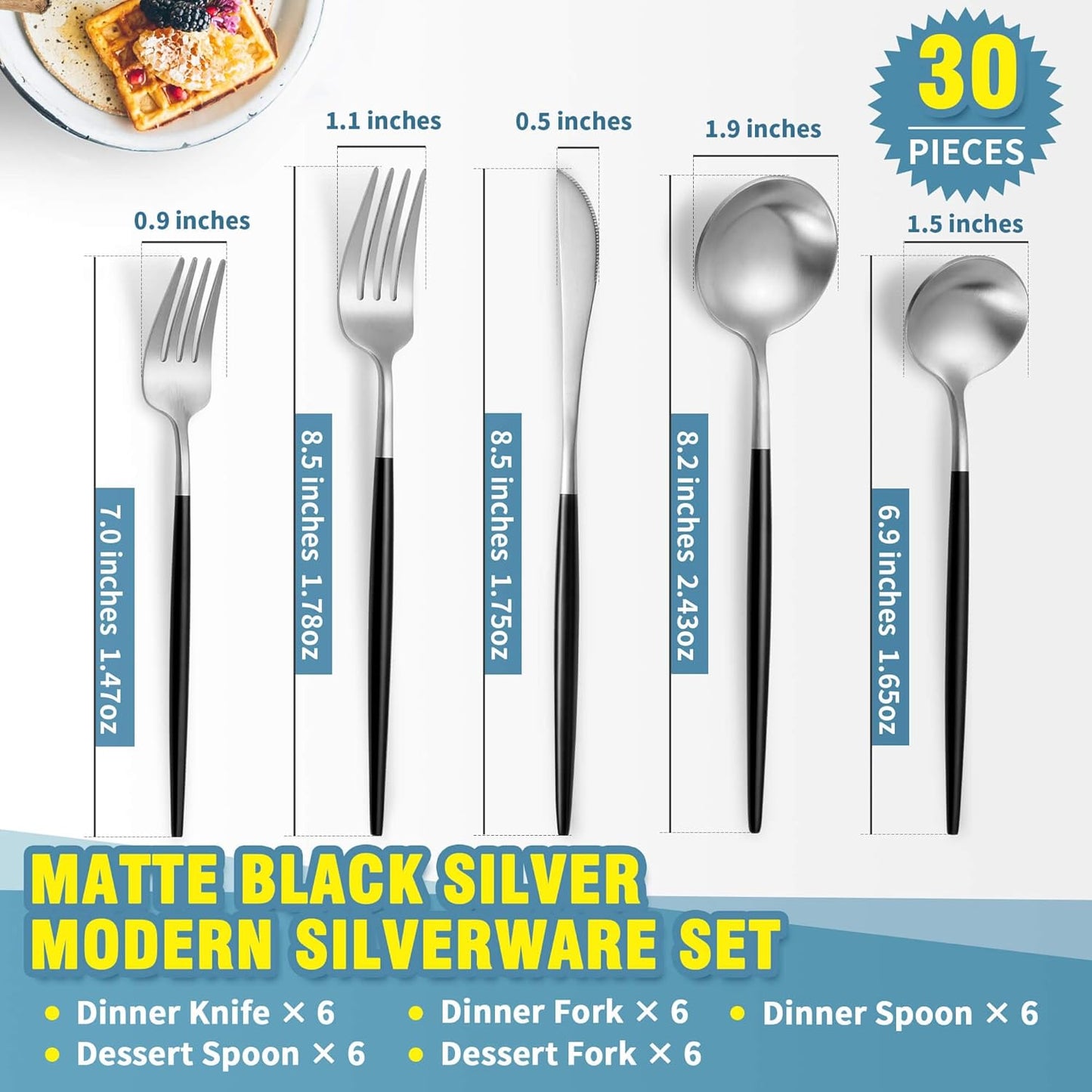 Lemeya Matte Black Silver Silverware Set for 6,Modern Stainless Steel Brushed Cutlery Set,30-Pieces Heavy Duty Flatware Set,Knives Spoons and Forks Set Utensils Set, Satin Finish, Dishwasher Safe