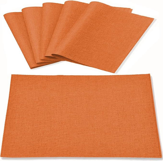 Linen Fabric Placemats Set of 6, Machine Washable, Heat Resistant, Wrinkle Free, Thick Polyester Kitchen Place Mats for Dining Table (Orange)