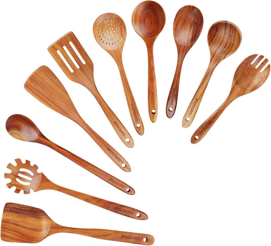 Wooden Spoons for Cooking, Wooden Utensils for Cooking Natural Teak Wooden Kitchen Utensils Set Comfort Grip (10 PCS SET)