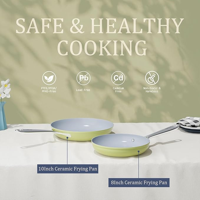 Nonstick Ceramic Frying Pan 8" for All Stovetops, PTFE/PFOA/PFAS Free, Even Heat Distribution Oven Safe up to 500°F, Healthy Non Toxic Skillet w/ Ergonomic Stainless Steel Handle, Olive Green