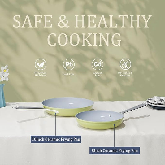 Nonstick Ceramic Frying Pan 8" for All Stovetops, PTFE/PFOA/PFAS Free, Even Heat Distribution Oven Safe up to 500°F, Healthy Non Toxic Skillet w/ Ergonomic Stainless Steel Handle, Olive Green