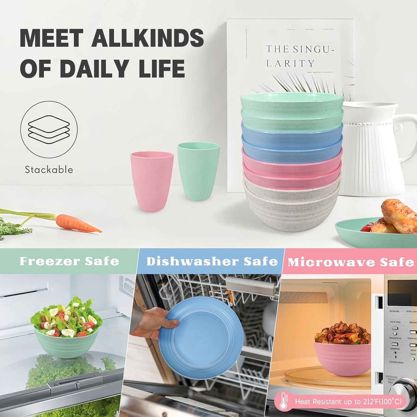 Kitchen Wheat Straw Dinnerware Sets (33pcs) Attached cleaning brush,Service For 8,Plastic Plates and Bowls Sets,Unbreakable Dinnerware,Lightweight Plastic Plate Set (Chroma)