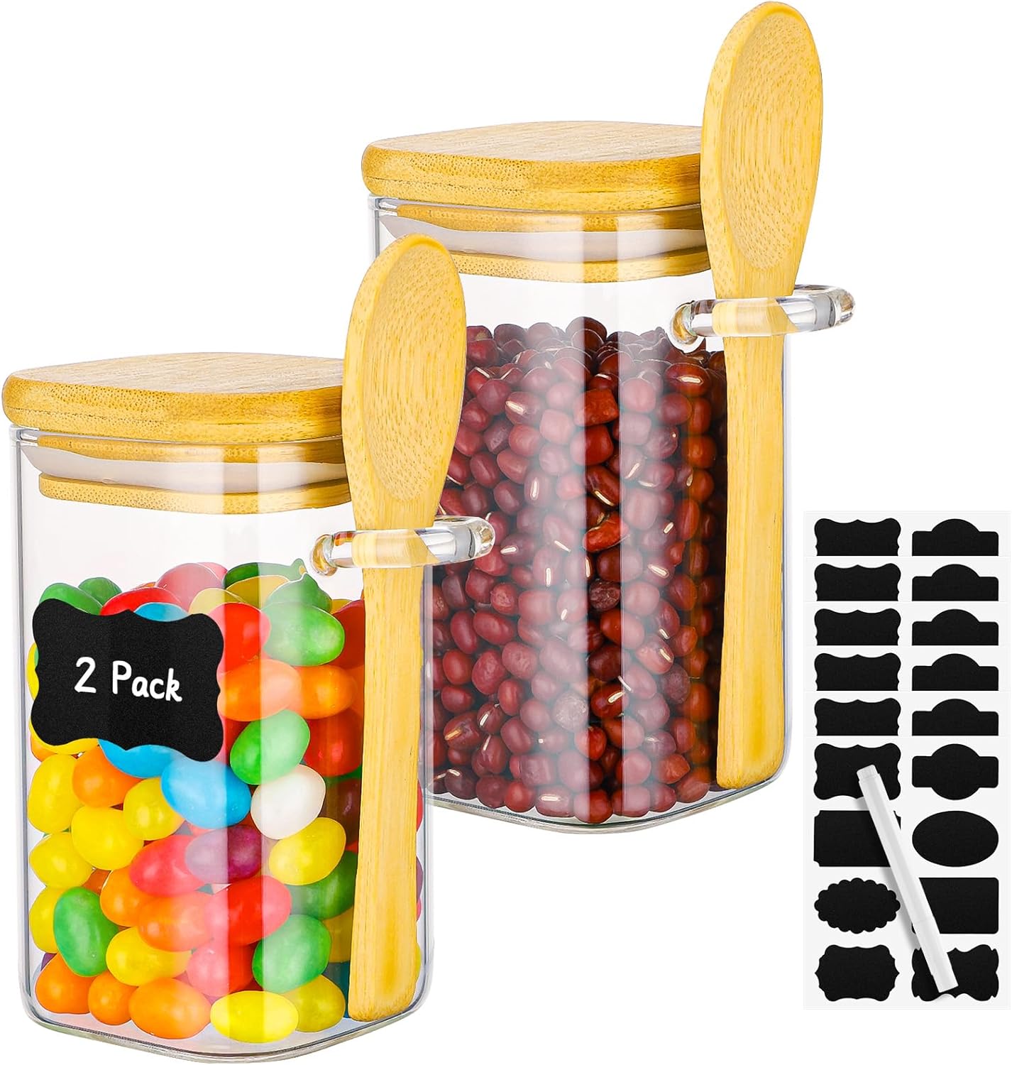 Glass Jars with Bamboo Lids and Spoons - 2 Pack 8 Fl.oz Square Glass Spice Jars with Lid, Small Food Canister Stackable Pantry Container for Honey Jam, Seasoning, Tea, Coffee and Sugar