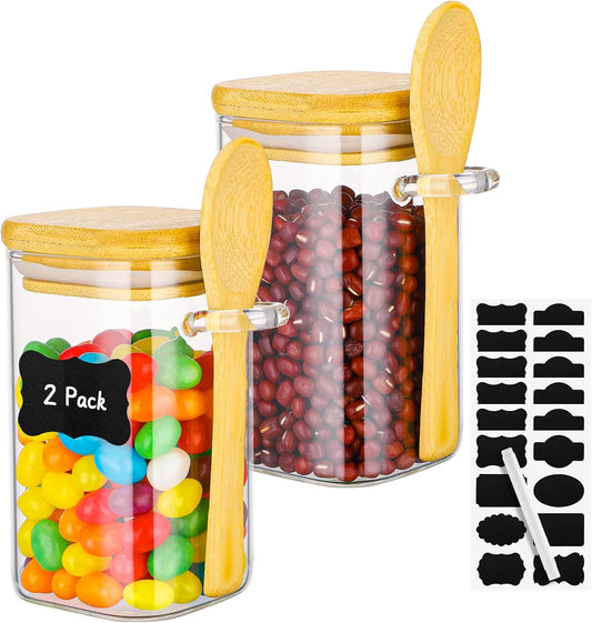 Glass Jars with Bamboo Lids and Spoons - 2 Pack 8 Fl.oz Square Glass Spice Jars with Lid, Small Food Canister Stackable Pantry Container for Honey Jam, Seasoning, Tea, Coffee and Sugar