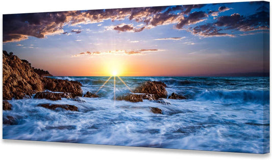 Muolunna BK05850 Wall Art Decor Canvas Print Picture Sunset Blue Ocean 1 Panel Sea Waves Scenery Painting Artwork for Office Wall Decor Home Decoration Stretched and Framed Ready to Hang 20x40inch
