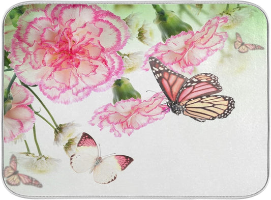 Dish Drying Mat for Kitchen Counter 18 x 24 Inch Pink Roses Butterfly Super Absorbent Microfiber Dish Drainer Rack Mats Soft Heat Resistant Drying Protector Pad
