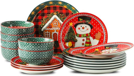 glowworm Christmas Dinnerware Sets for 6, 18 Pieces Plates and Bowls Set, Ceramic Dishes Set for 6, Oven, Microwave & Dishwasher Safe