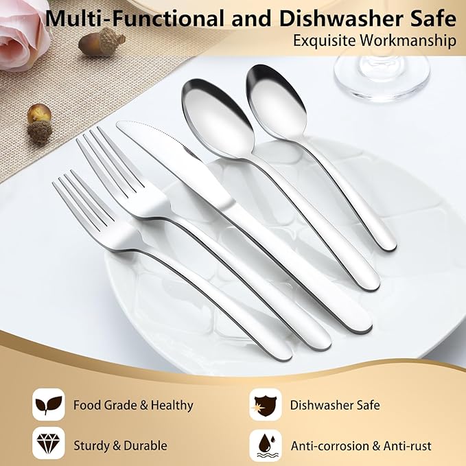 Pleafind 60-Pcs Silverware Set Service for 12, Premium Stainless Steel Flatware Set, Include Forks Spoons and Knives Set, Mirror Polished Cutlery Utensil Set for Home Restaurant, Dishwasher Safe