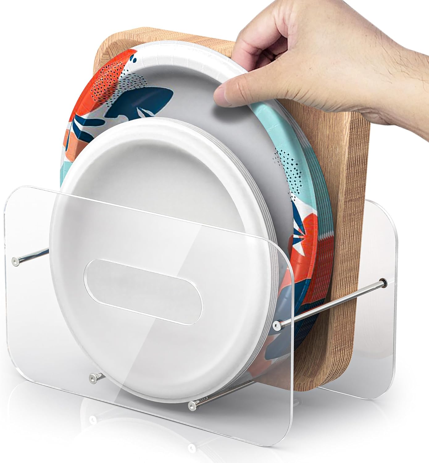 Round/Square Plastic, Foam & Paper Plate Dispenser, Space-Saving 7-12 Inch Disposable Plates Storage Organizer for Cabinet, Countertop, RV or Outdoor Use, Acrylic (Clear)